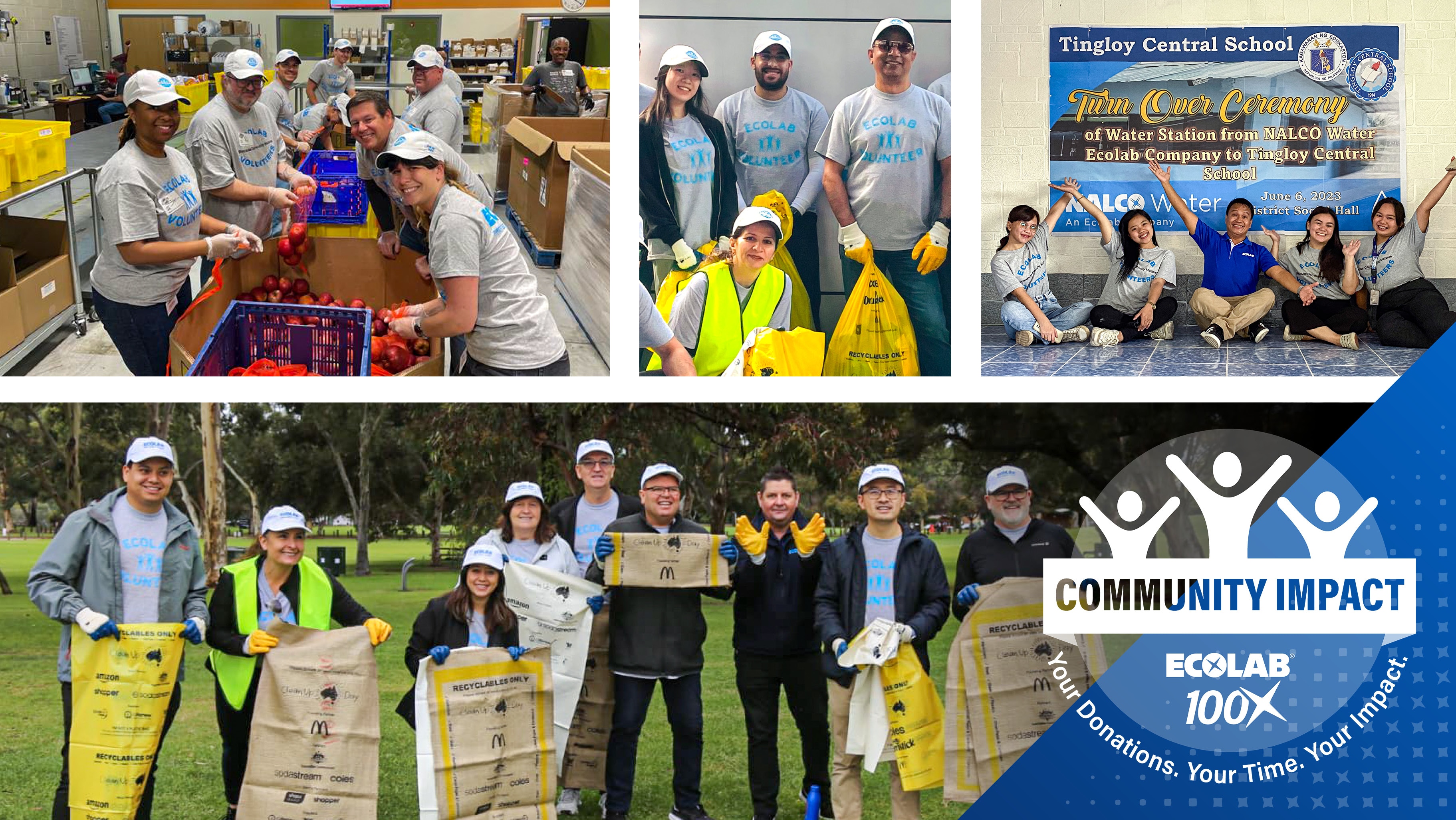 Ecolab associates volunteering during the 100th Anniversary Global Weeks of Service event and Ecolab’s Community Impact logo.